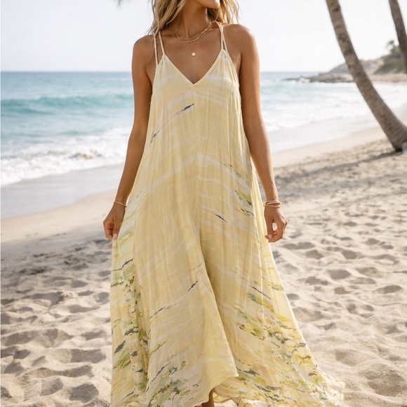 Dresses & Skirts - Women’s Yellow Floral Maxi Dress Size L Boho Beach Flowy Sundress!